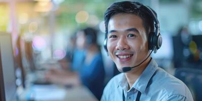 AI generated A asian man is seated in front of a computer, wearing headphones. He appears focused and engaged in an activity. The room is filled with the glow of the computer screen photo