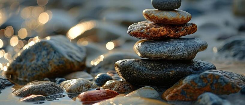 AI generated A carefully balanced stack of varied stones, symbolizing stability and tranquility, on a rough rocky surface photo