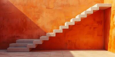 AI generated The photo captures a modern staircase situated next to a wall within a room. The staircase has clean lines and a sleek design, adding a contemporary touch to the space