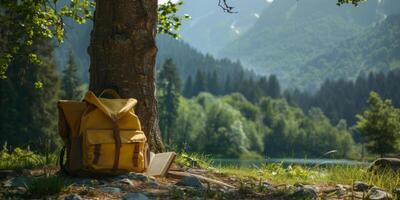 AI generated Adventure Backpack and Open Book in Forest Setting photo
