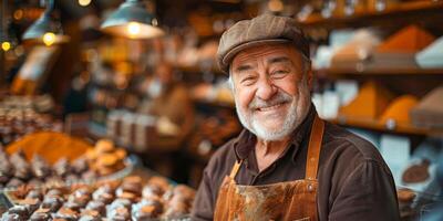 AI generated A man is seen standing confidently in front of a colorful and enticing display of various chocolates in a boutique chocolate shop photo