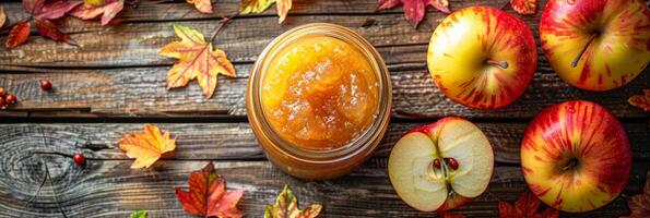 AI generated A clear glass jar filled with golden liquid sits on an old wooden table. The jar is surrounded by a pile of fresh, red apples photo