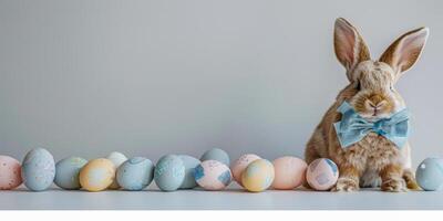 AI generated A photo of a plush brown bunny with long ears sitting next to a collection of pastel-colored Easter eggs