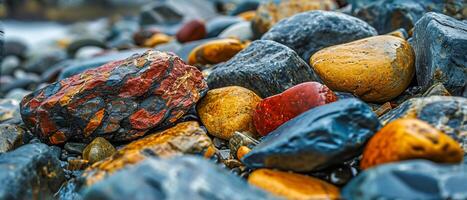 AI generated Colorful Wet Pebbles and Rocks Close-up. A vibrant collection of wet pebbles and rocks in various colors and patterns, glistening with moisture photo