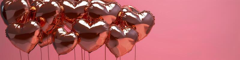 AI generated A cluster of rose gold heart-shaped balloons floating gracefully in the air, creating a beautiful and eye-catching sight as they drift upwards photo