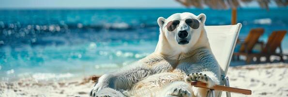 ai generado un polar oso es visto sentado en un silla en un arenoso playa. el oso aparece relajado y cómodo en el raro ajuste foto