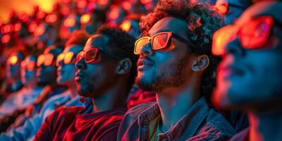 AI generated A diverse group of people, wearing glowing glasses, is captured in a moment of joy and amazement at a nighttime event, their faces bathed in vibrant, colorful lights photo