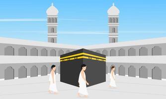 Muslim pilgrims in Masjidil Haram, Sacred mosque that surrounds the Kaaba in the city of Mecca, Saudi Arabia. Vector illustration.