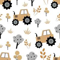 Seamless pattern with cute tractors. vector