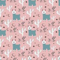 seamless pattern with alpacas and cacti on a pink background vector