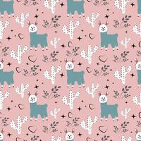 seamless pattern with alpacas and cacti on a pink background vector