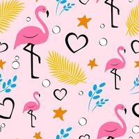 Seamless pattern with flamingos, palm branches, hearts and stars vector