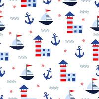 seamless marine pattern with anchor, lighthouse and ship vector