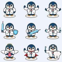 vector ilustración de linda pingüino dibujos animados con médico traje. conjunto de linda pingüino caracteres. colección de gracioso pequeño pingüino.