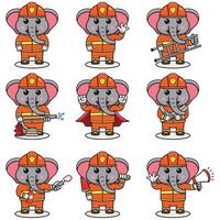 Vector Illustration of Elephant cartoon with Firefighter costume. Set of cute Elephant characters. Collection of funny Elephant isolated on a white background.