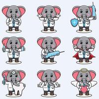 Vector Illustration of Cute Elephant cartoon with Doctor costume. Set of cute Elephant characters. Collection of funny little Elephant isolated on a white background.