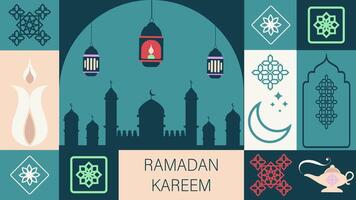 Ramadan Kareem. Islamic banner template with ramadan for wallpaper design. Traditional patterns and elements. Mosaic geometric illustration. Vector