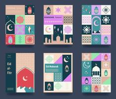 Ramadan Kareem. Ramadan greeting card template set. Traditional patterns and elements. Mosaic geometric illustration. Poster, media banner. Vector