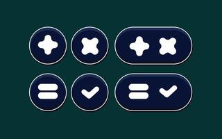 Game design interface with glossy buttons and panels. Vector cartoon set of ui elements different colors, circle buttons with icons, bars, sliders, arrows and login frame