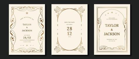 Luxury wedding invitation card vector. Elegant art nouveau classic antique design, gold lines gradient, frame on light background. Premium design illustration for gala, grand opening, art deco. vector