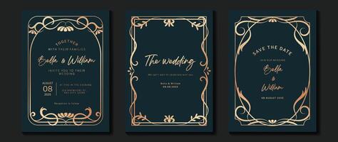 Luxury wedding invitation card vector. Elegant art nouveau classic antique design, rose gold lines gradient, frame on navy background. Premium design illustration for gala, grand opening, art deco. vector