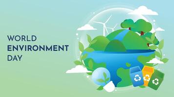 World Environment day concept background vector. Save the earth, globe, recycle bin, tree, windmill. Eco friendly illustration design for web, banner, campaign, social media post. vector