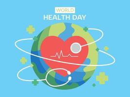 World health day concept, 7 April, background vector. Hand drawn comic doodle style of earth, heart, stethoscope. Design for web, banner, campaign, social media post. vector