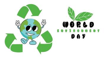 World Environment day concept background vector. Save the earth, globe, recycle symbol groovy style. Eco friendly illustration design for web, banner, campaign, social media post. vector