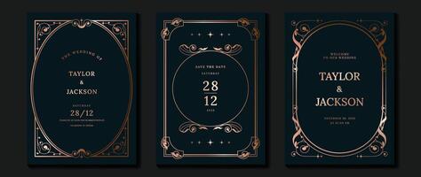 Luxury wedding invitation card vector. Elegant art nouveau classic antique design, rose gold lines gradient, frame on navy background. Premium design illustration for gala, grand opening, art deco. vector