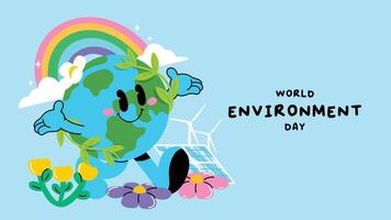 World Environment day concept background vector. Save the earth, globe, rainbow, windmill, flower. Eco friendly illustration design for web, banner, campaign, social media post. vector