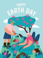 Happy Earth day concept background vector. Save the earth, globe, plant tree, people, flower. Eco friendly illustration design for web, banner, campaign, social media post. vector