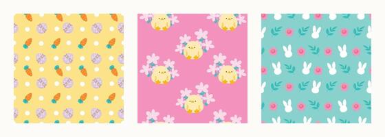 Happy Easter seamless pattern vector. Set of square cover design with easter egg, flower, rabbit, chick. Spring season repeated in fabric pattern for prints, wallpaper, cover, packaging, kids, ads. vector