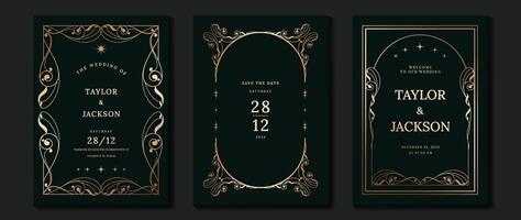 Luxury wedding invitation card vector. Elegant art nouveau classic antique design, gold lines gradient, frame on dark green background. Premium design illustration for gala, grand opening, art deco. vector