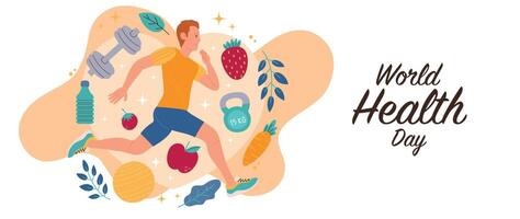 World health day concept, 7 April, background vector. Hand drawn comic doodle style of people working out, exercise, fruit. Design for web, banner, campaign, social media post. vector