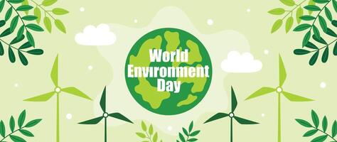 World Environment day concept background vector. Save the earth, globe, windmill, foliage, cloud on green background. Eco friendly illustration design for web, banner, campaign, social media post. vector