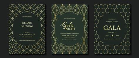 Luxury invitation card background vector. Elegant classic antique design, gold lines gradient on green background. Premium design illustration for gala card, grand opening, art deco. vector