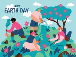 Happy Earth day concept background vector. Save the earth, globe, plant tree, people, flower. Eco friendly illustration design for web, banner, campaign, social media post. vector