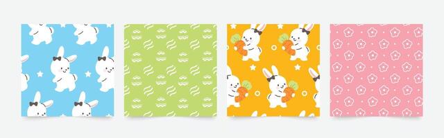 Happy Easter seamless pattern vector. Set of square cover design with easter egg, flower, rabbit, carrot. Spring season repeated in fabric pattern for prints, wallpaper, cover, packaging, kids, ads. vector