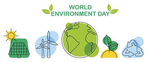 World Environment day concept background vector. Save the earth, globe, recycle symbol, windmill, solar cell. Eco friendly illustration design for web, banner, campaign, social media post. vector