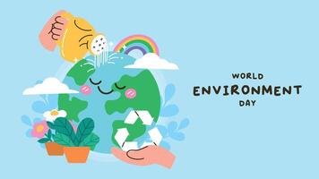 World Environment day concept background vector. Save the earth, globe, recycle symbol, watering can. Eco friendly illustration design for web, banner, campaign, social media post. vector