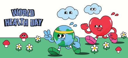 World health day concept, 7 April, background vector. Hand drawn groovy character style of earth working out, exercise, heart, cloud. Design for web, banner, campaign, social media post. vector