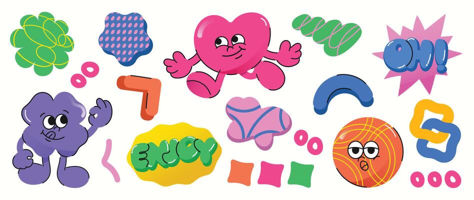 Set of funky groovy element vector. Collection of cartoon characters, doodle smile face, heart, flower, ball, halftone texture. Cute retro groovy hippie design for decorative, sticker, kids, clipart.