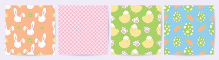 Happy Easter seamless pattern vector. Set of square cover design with easter egg, flower, rabbit, chick. Spring season repeated in fabric pattern for prints, wallpaper, cover, packaging, kids, ads. vector