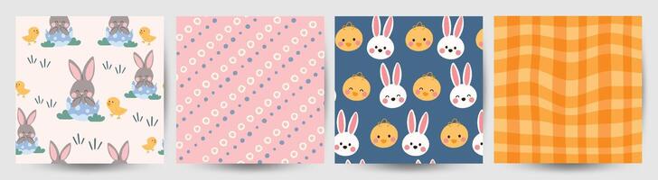 Happy Easter seamless pattern vector. Set of square cover design with easter egg, rabbit, chick, stripes. Spring season repeated in fabric pattern for prints, wallpaper, cover, packaging, kids, ads. vector