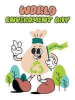 World Environment day concept background vector. Save the earth, recycle symbol, garbage bag, tree groovy style. Eco friendly illustration design for web, banner, campaign, social media post. vector