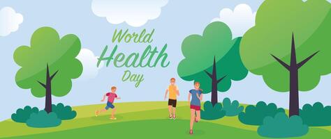 World health day concept, 7 April, background vector. Hand drawn comic doodle style of people working out, exercise. Design for web, banner, campaign, social media post. vector