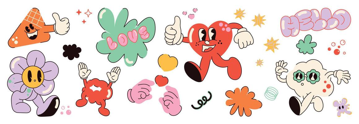 Set of funky groovy element vector. Collection of cartoon characters, doodle smile face, flower, heart, cloud, bubble, hello. Cute retro groovy hippie design for decorative, sticker, kids, clipart.