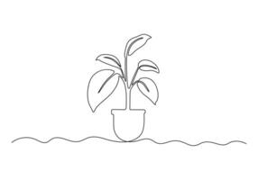 Continuous one line drawing of house plant. Isolated on white background vector illustration