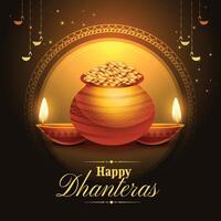 happy dhanteras festival poster with bright diya and golden coin pot vector