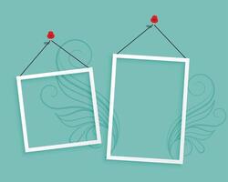 two hanging photo frames blank background design vector